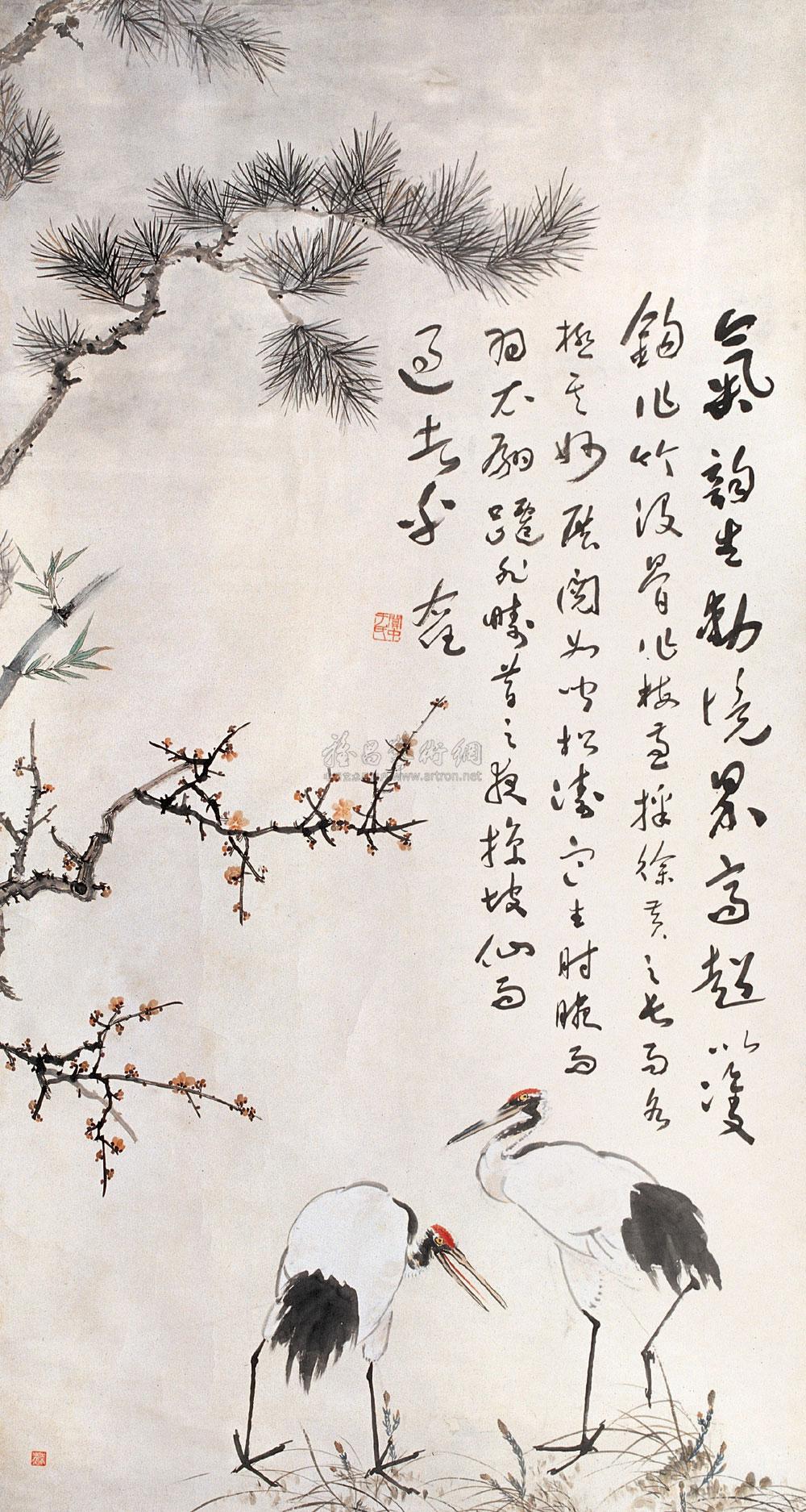 0062现代梅花松鹤图立轴设色纸本