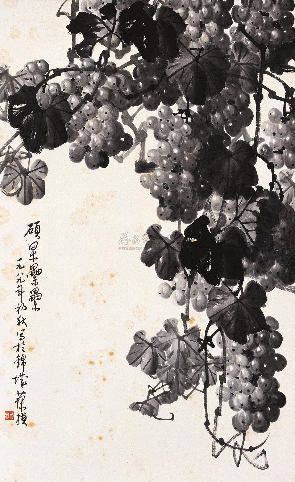 0221水墨葡萄图镜心水墨纸本