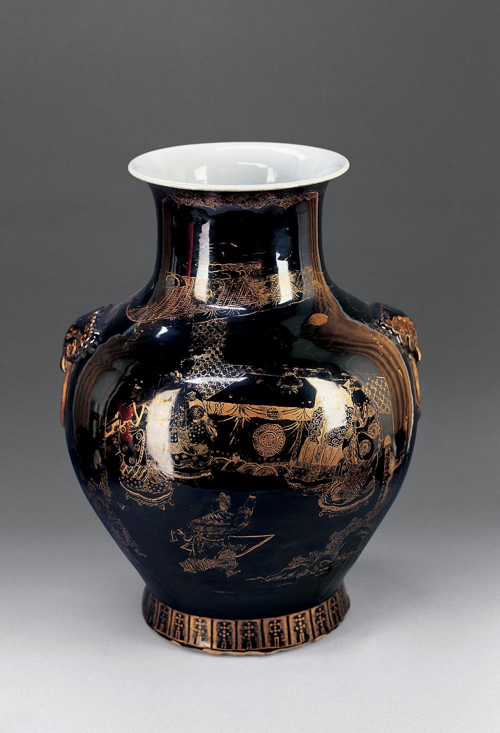 乌金釉描金人物铺首尊】拍卖品_图片_价格_鉴赏_清代其它彩釉瓷器