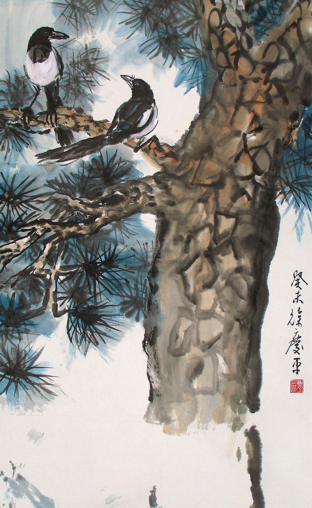 0527 松枝双喜图 镜心 设色纸本