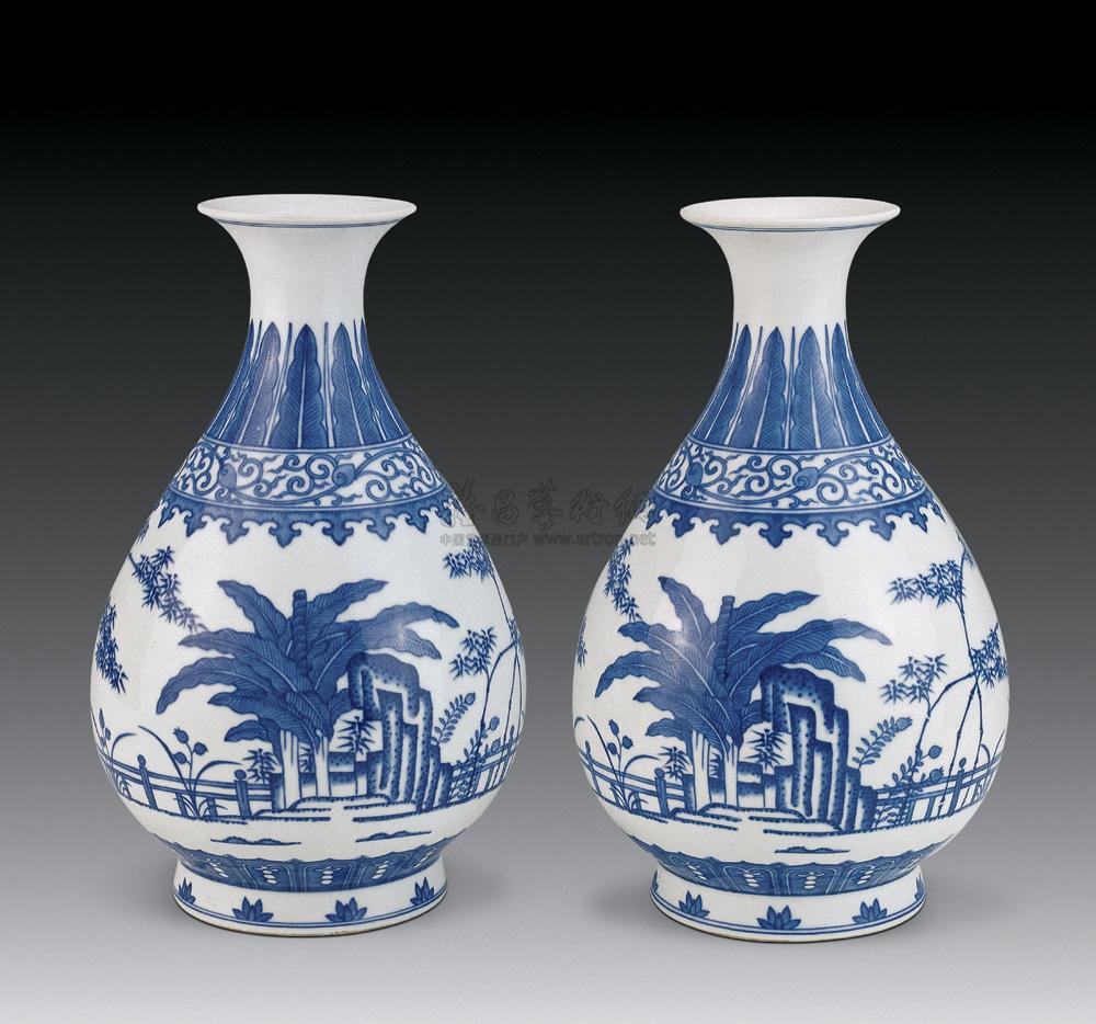 芭蕉叶纹青花玉壶春瓶 (一对)】拍卖品_图片_价格_鉴赏_清代青花瓷器