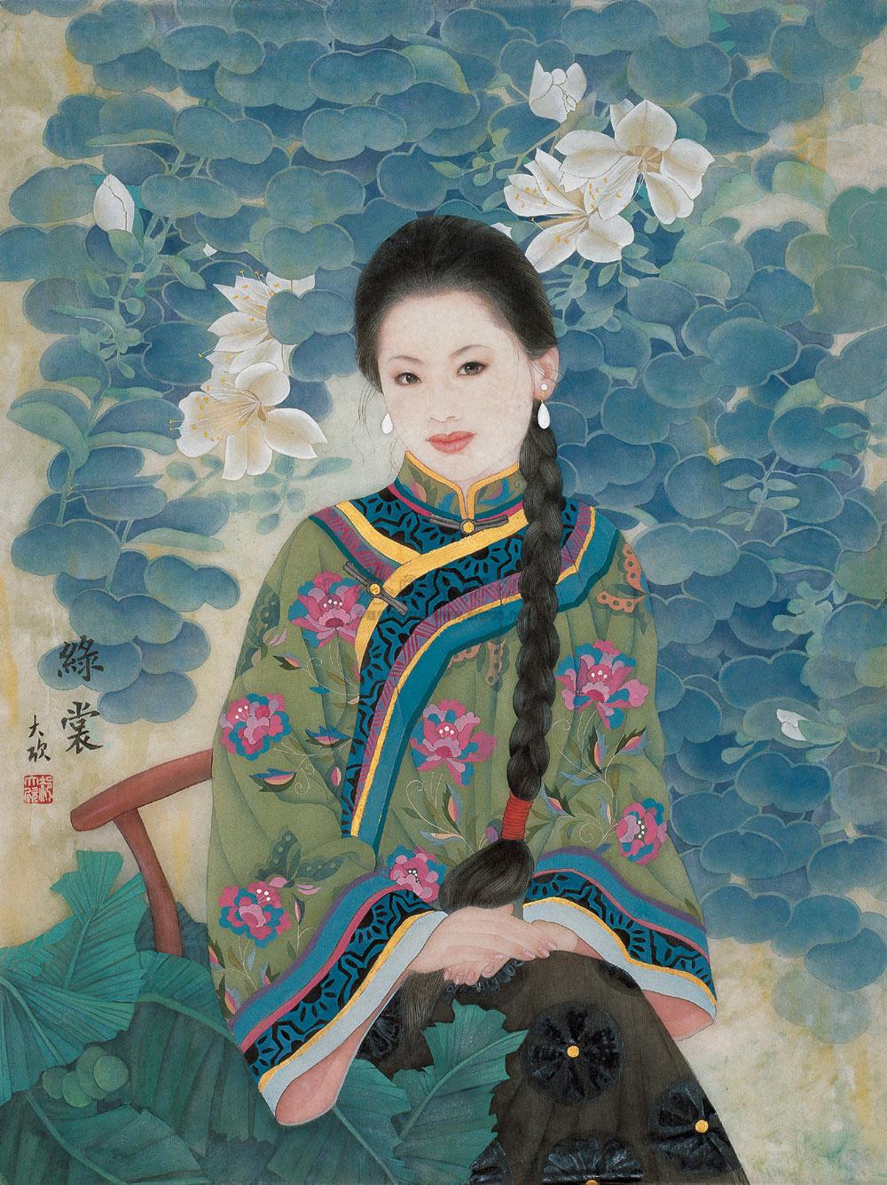 0100绿裳镜心设色绢本