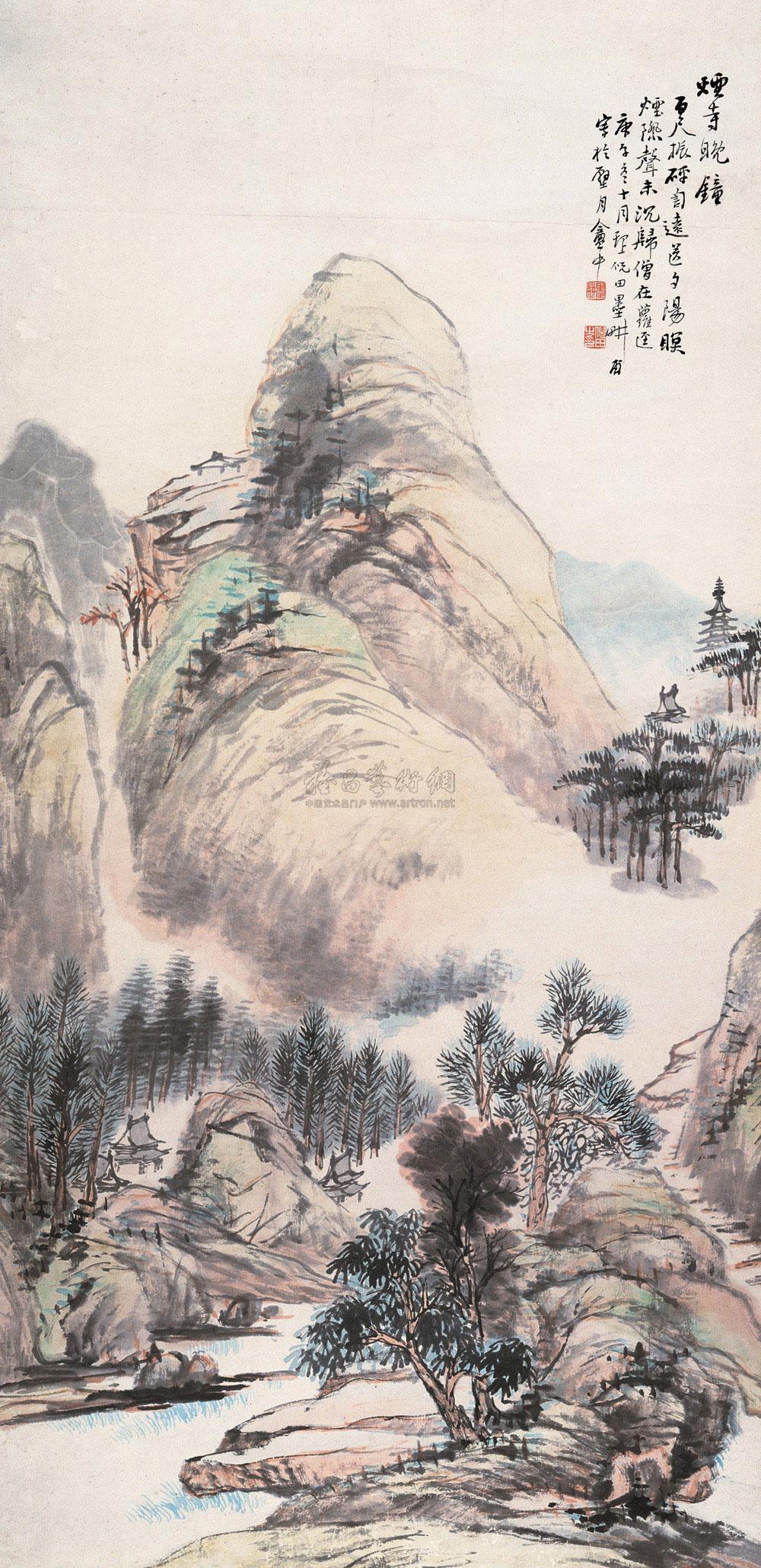 0023 烟寺晚钟图 轴 纸本设色