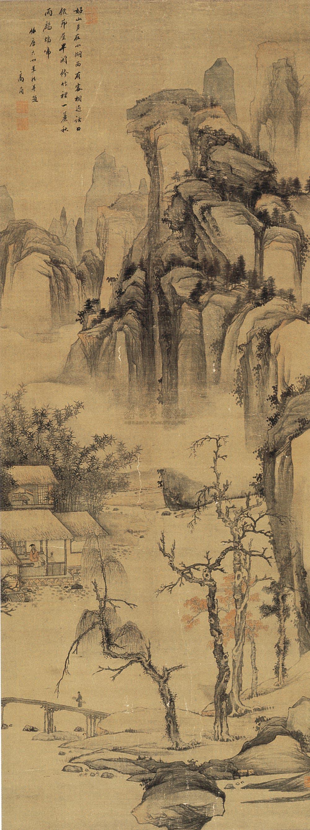 【仿唐寅山水 立轴 设色绢本】拍卖品_图片_价格_鉴赏_绘画_雅昌艺术