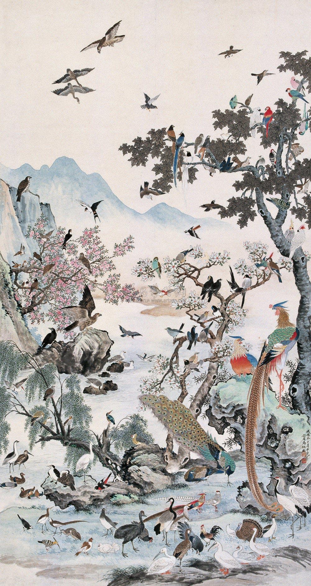 【戊辰(1928年)作 百鸟朝凤 立轴 设色纸本】拍卖