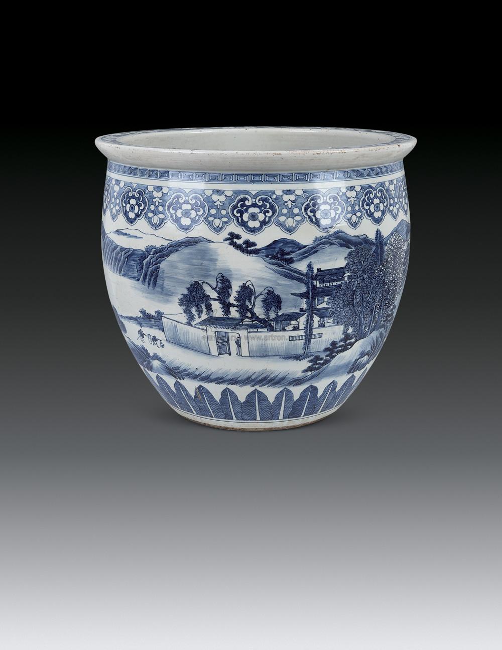 【清 青花山水人物大缸】拍卖品_图片_价格_鉴赏_清代青花瓷器_雅昌