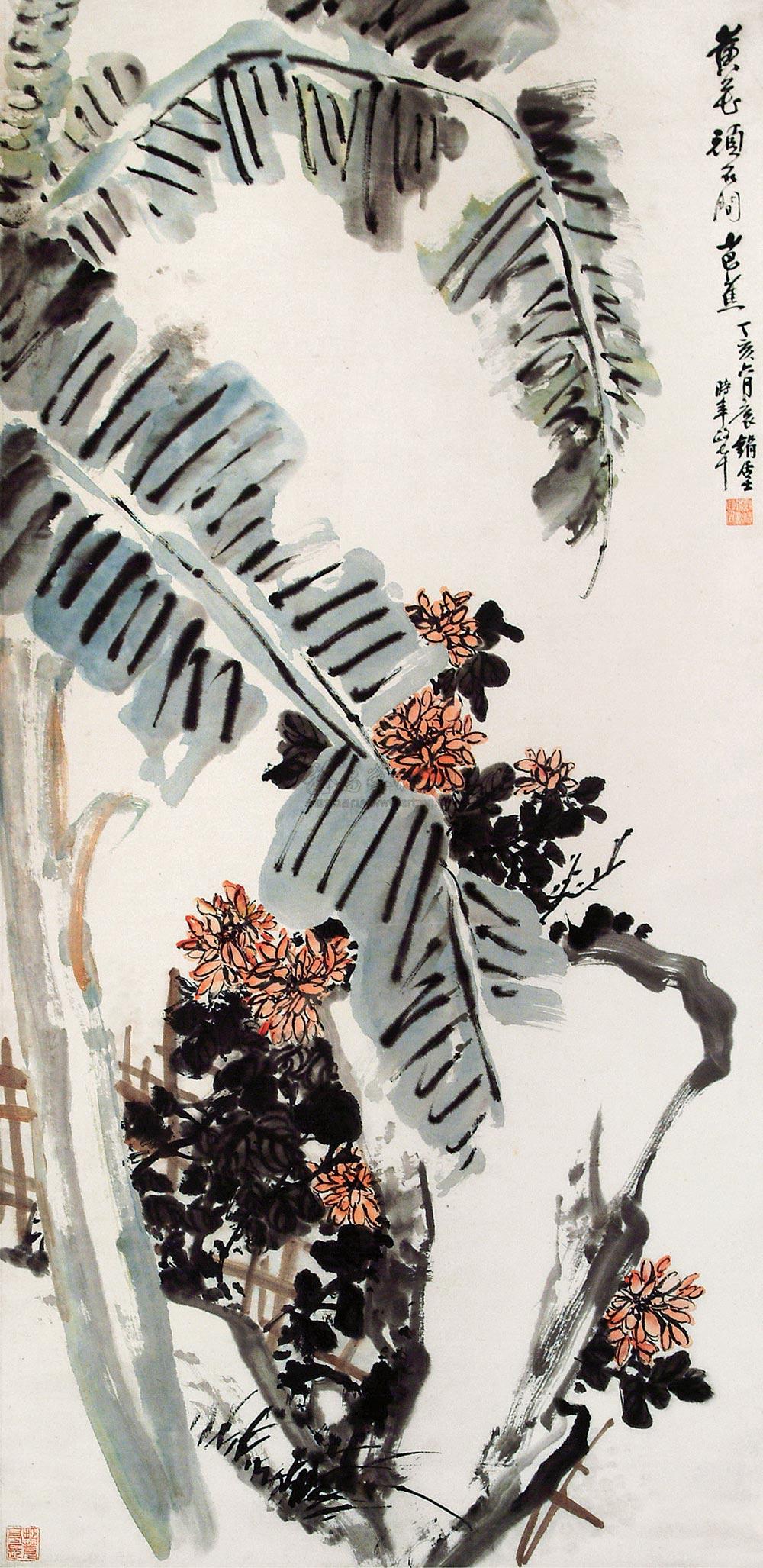 0078黄花顽石间芭蕉