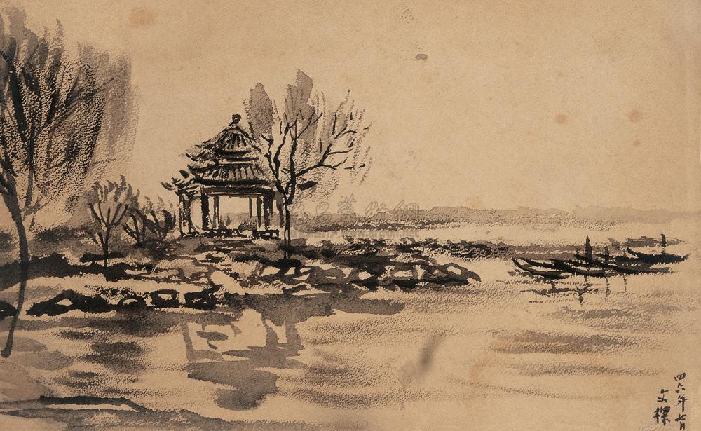 08421946年作湖景羊皮纸铅笔速写