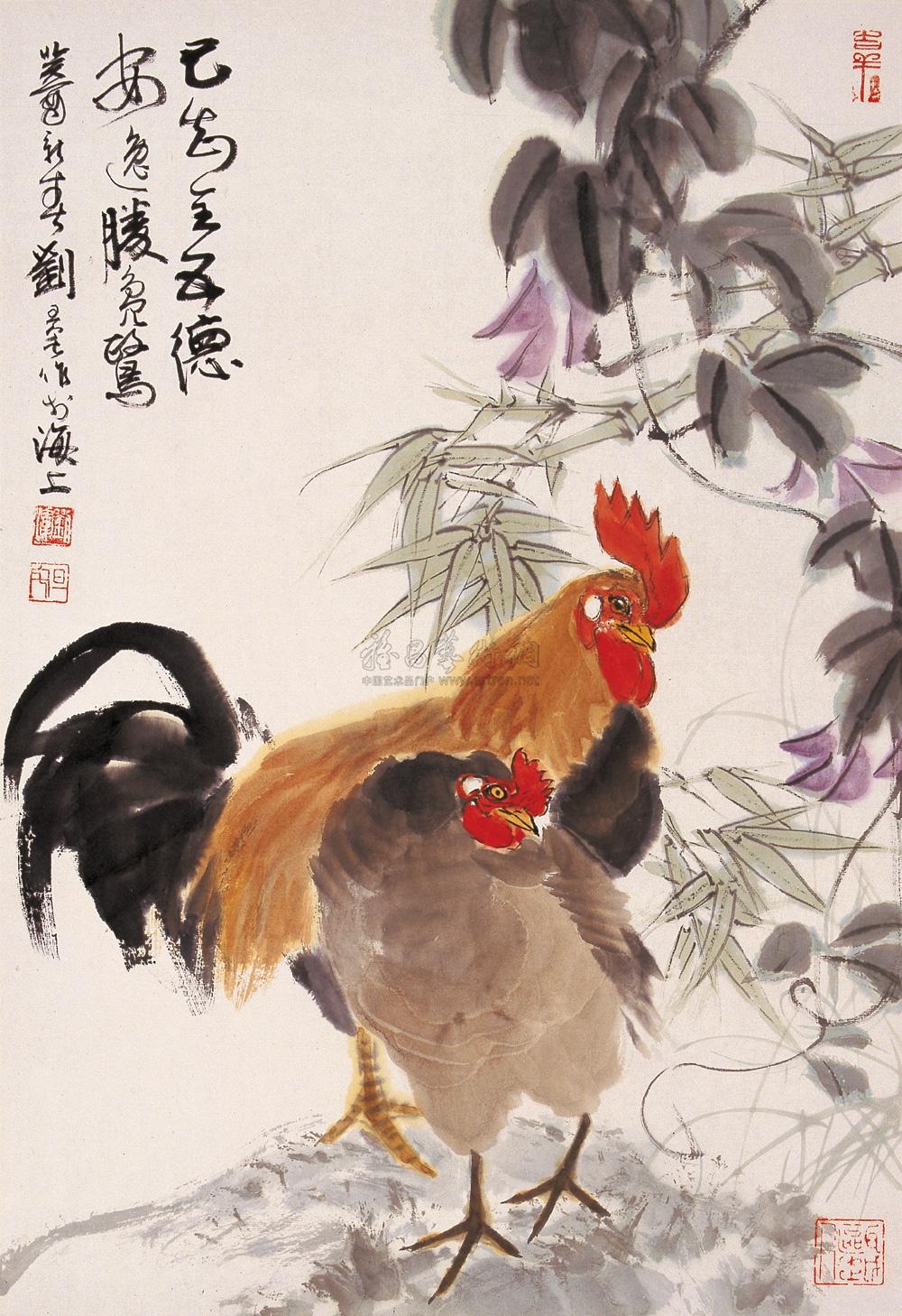 05271993年作鸡镜心设色纸本