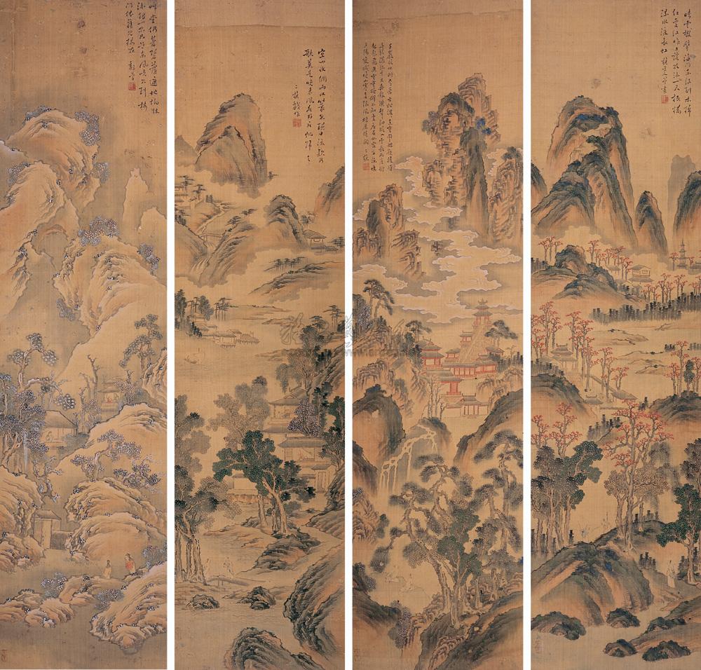 0883四季山水四屏设色绢本