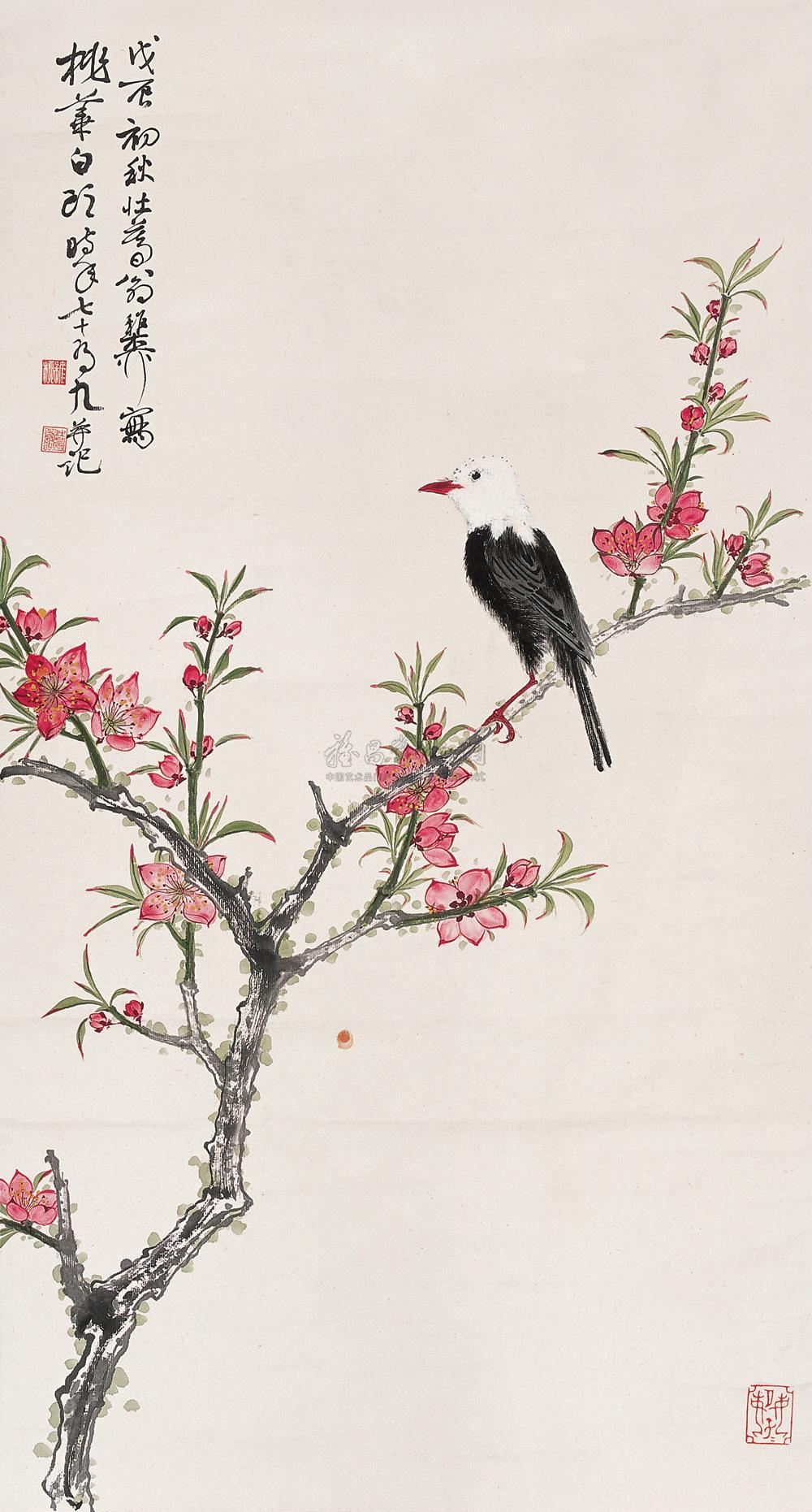 00241988年作桃花白头立轴设色纸本