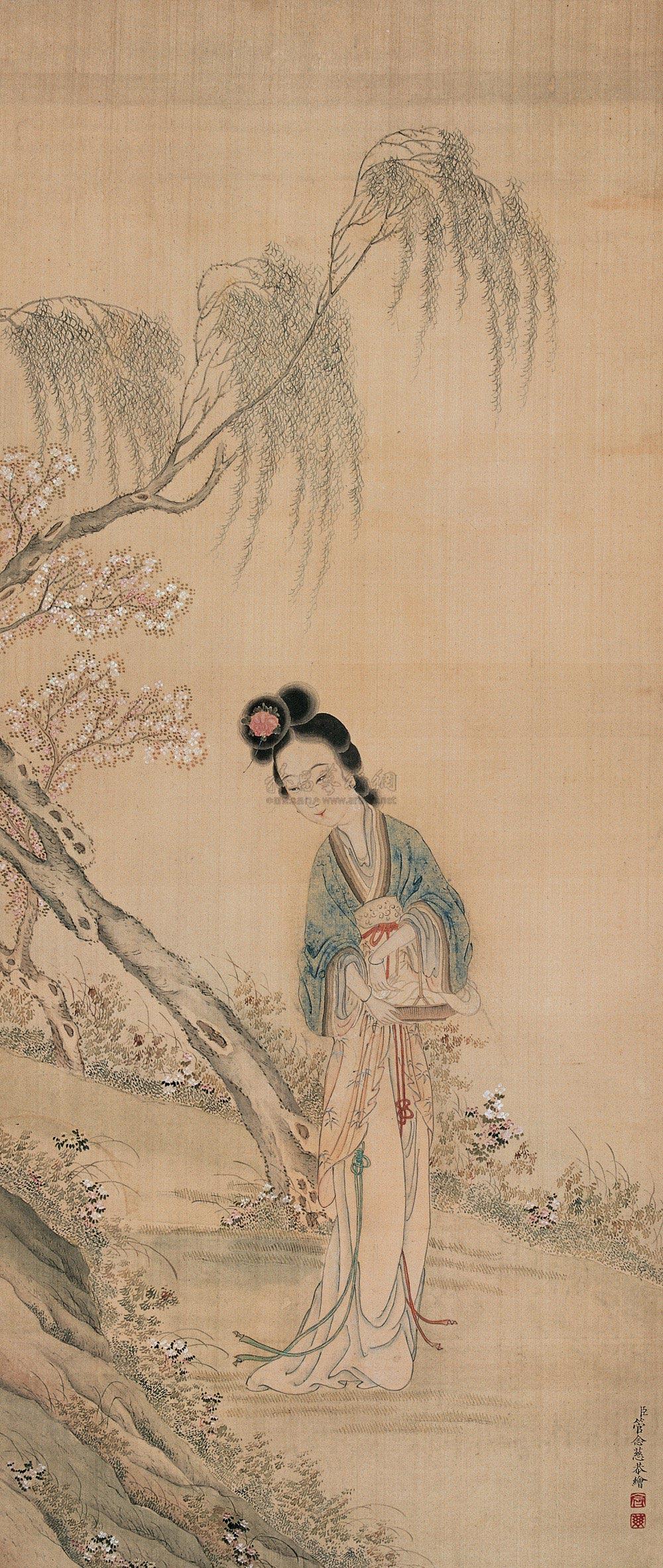 0749 柳荫仕女 立轴 设色绢本
