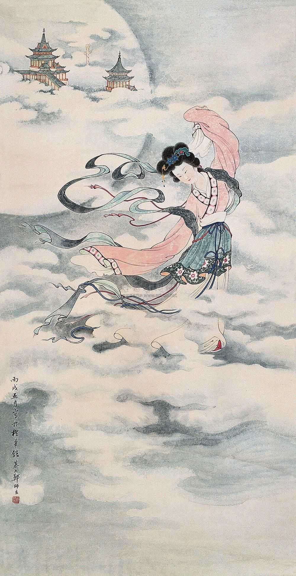 0095 嫦娥奔月 立轴 设色纸本