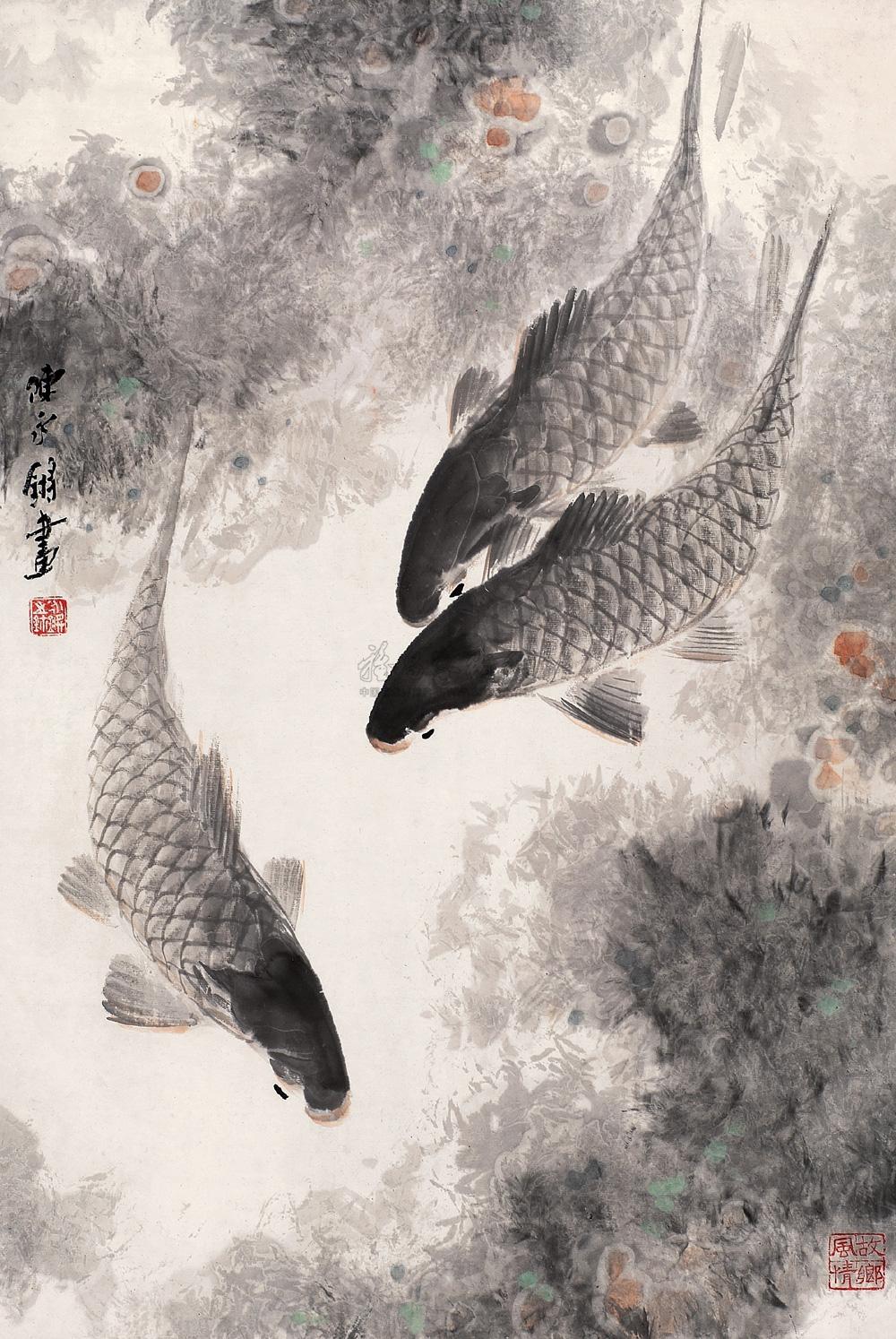 0207三鲤图镜心设色纸本