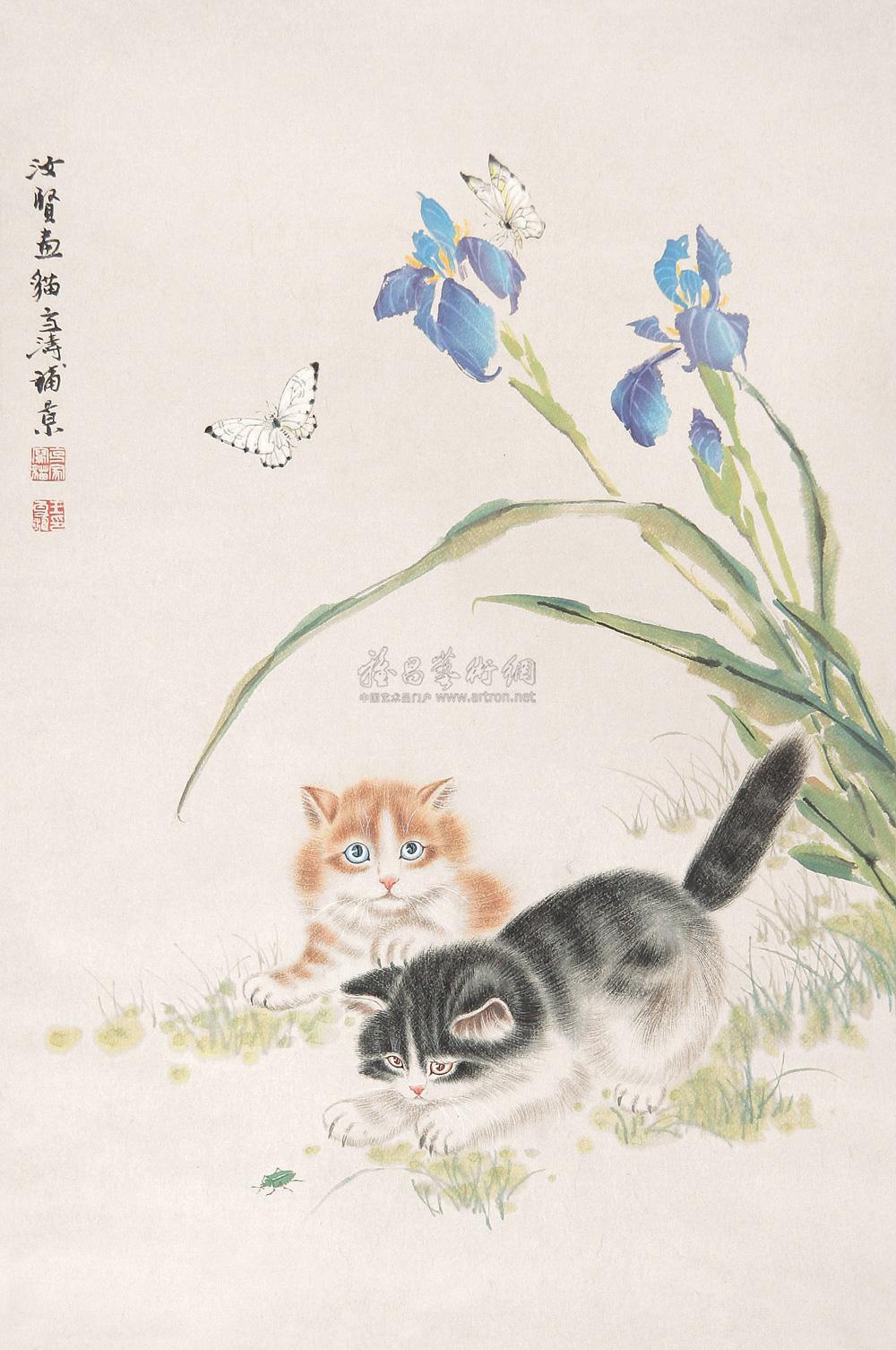 0308猫戏图立轴设色纸本