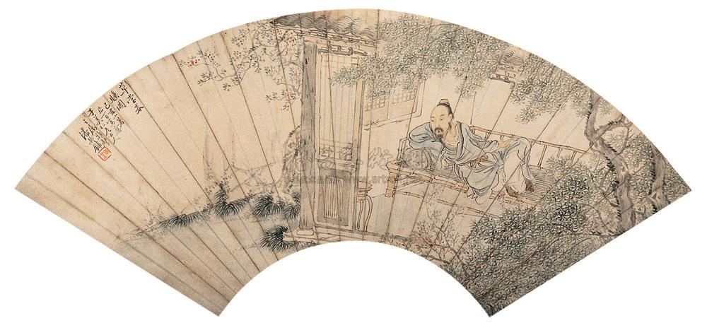 0002 草堂春睡图 扇面 设色笺本
