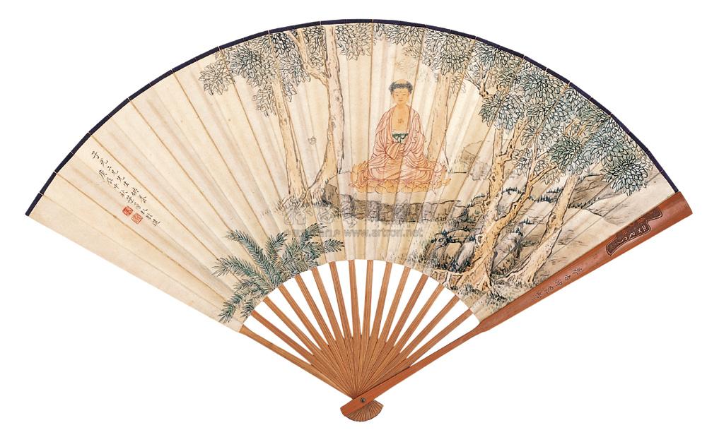 0009无量寿佛书法成扇设色纸本