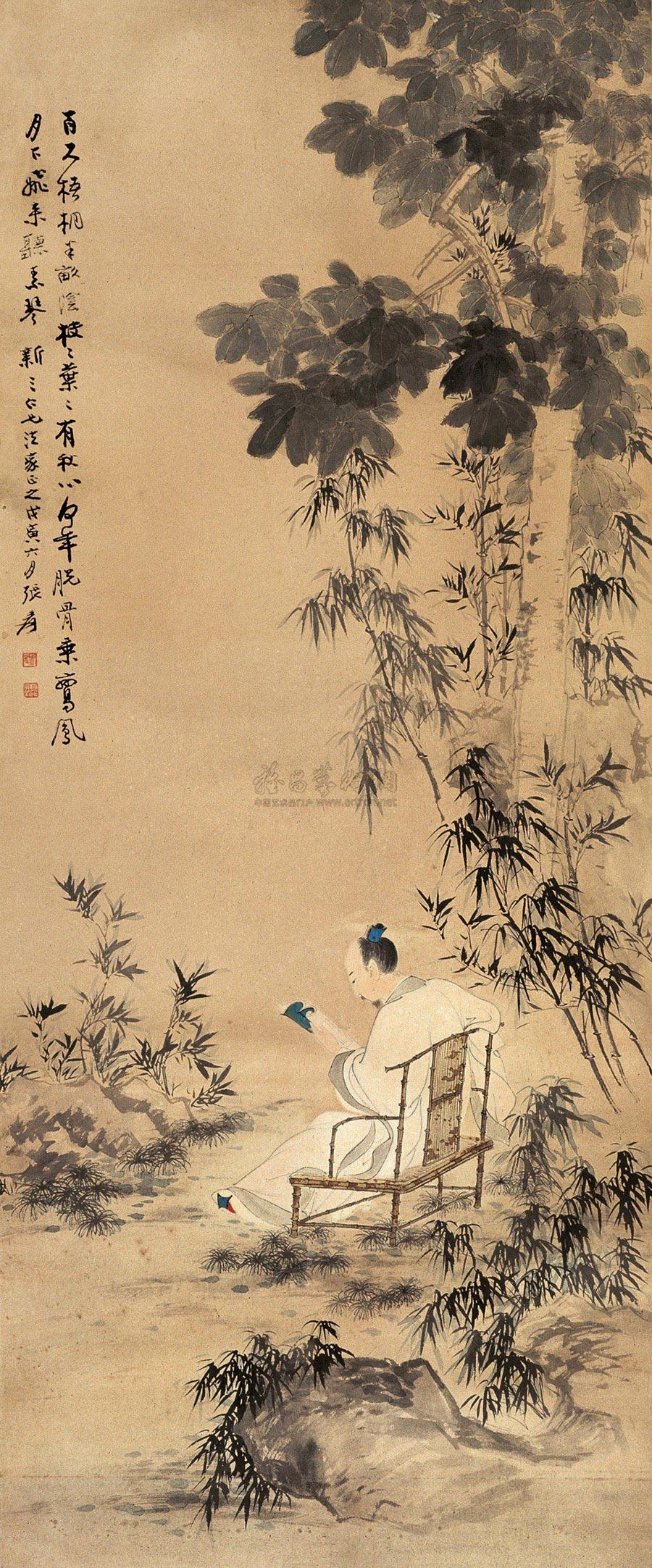 0960戊寅1938年作梧荫读书图镜心设色纸本