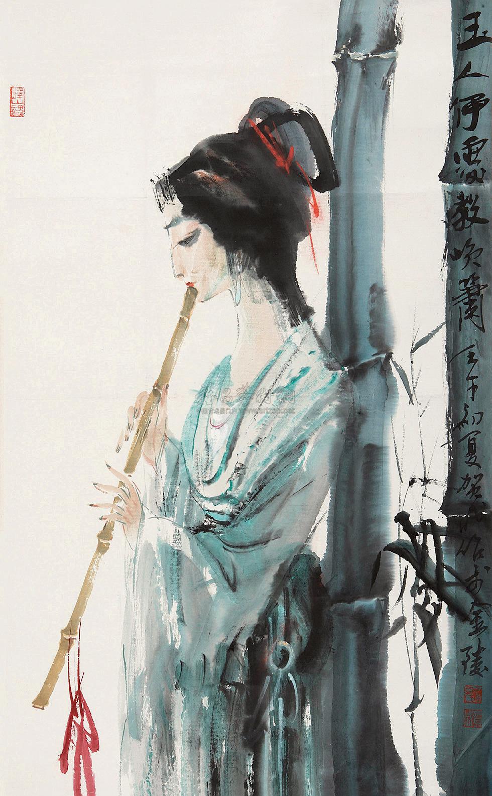 02462002年作吹箫仕女图立轴设色纸本