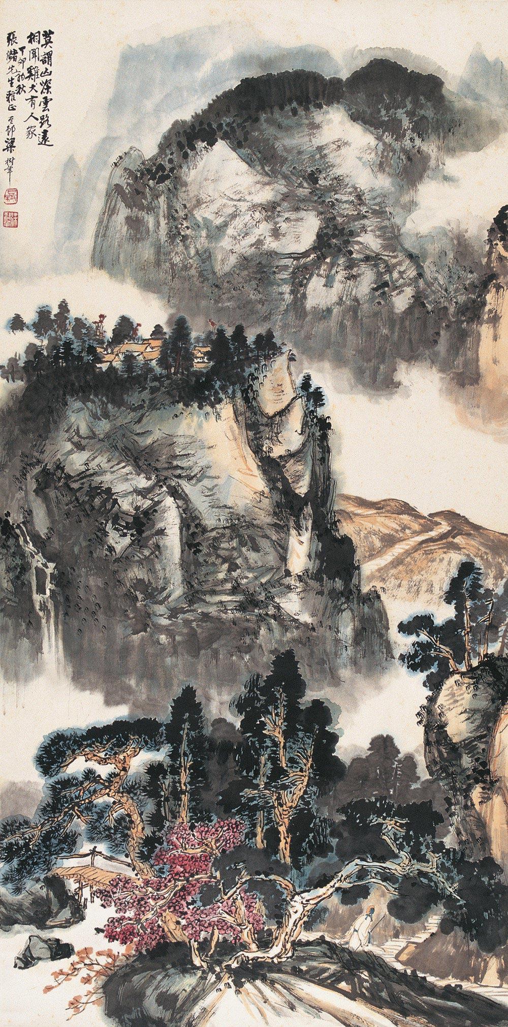 0147丁卯1987年作深山人家立轴设色纸本