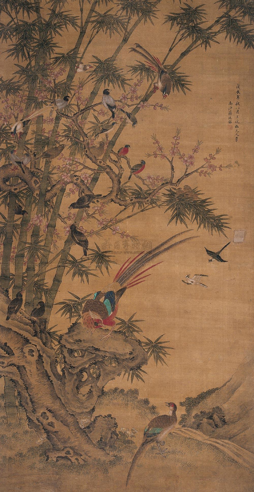 0071 戊辰(1688年)作 桃竹珍禽 立轴 绢本