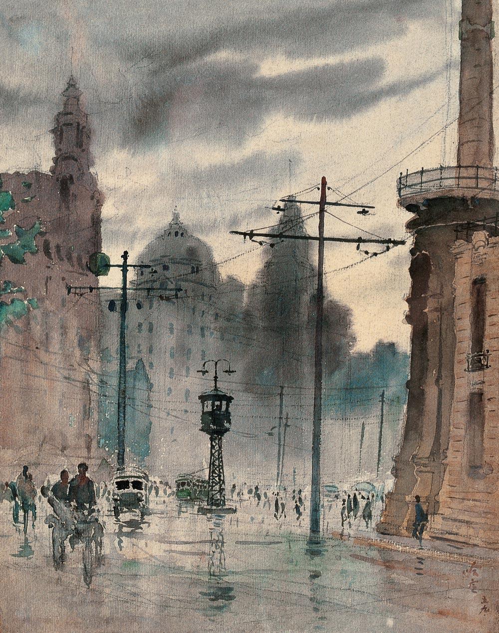 1077 1959年作 外滩雨景 纸上 水彩