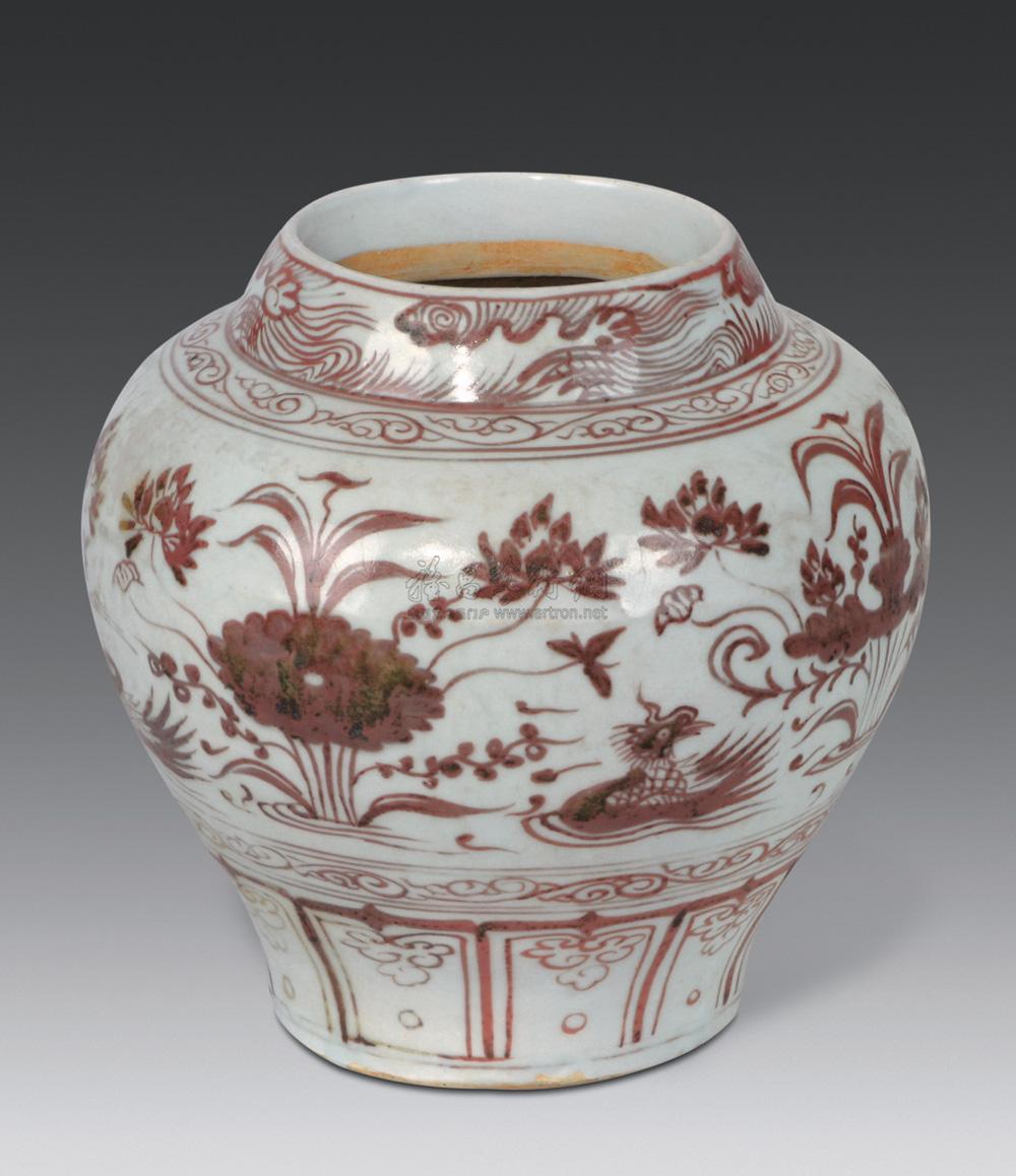 【元末明初 釉里红荷塘莲池鸳鸯纹罐】拍卖品_图片_价格_鉴赏_元代