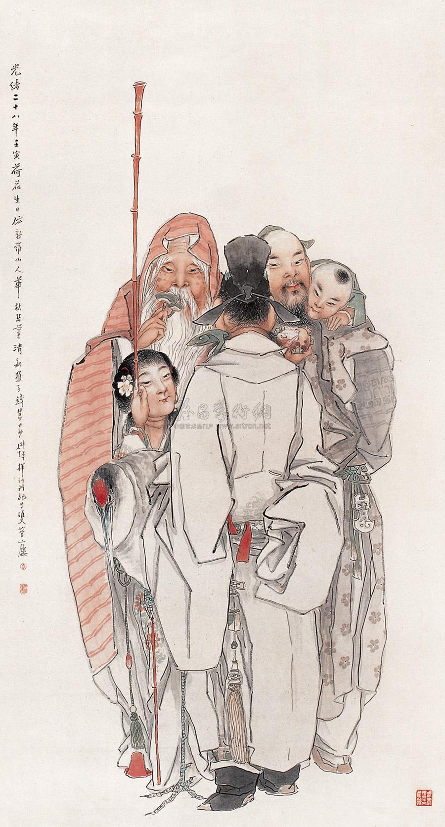 0465 壬寅(1902)年作 福禄寿喜 立轴 设色纸本