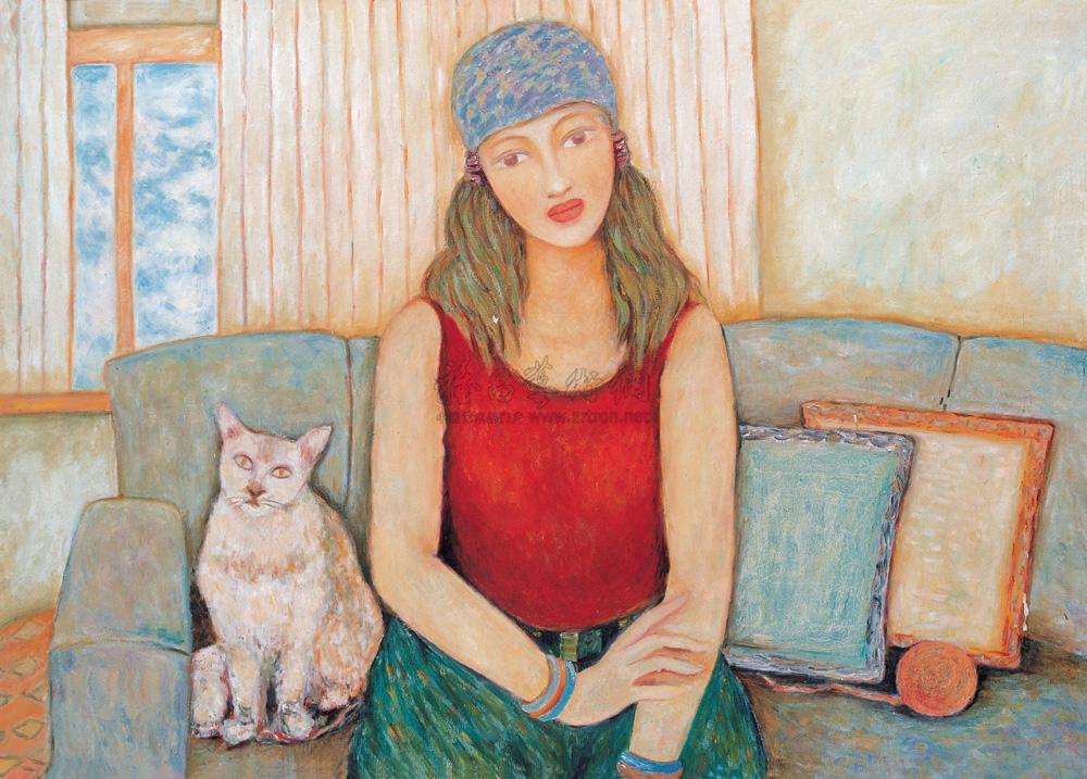1139宠物猫的女主人布面油画