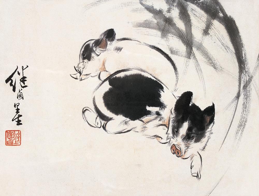 0211双猪镜心设色纸本