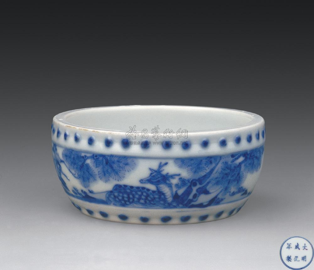 1019清雍正青花松鹿长青鼓钉洗