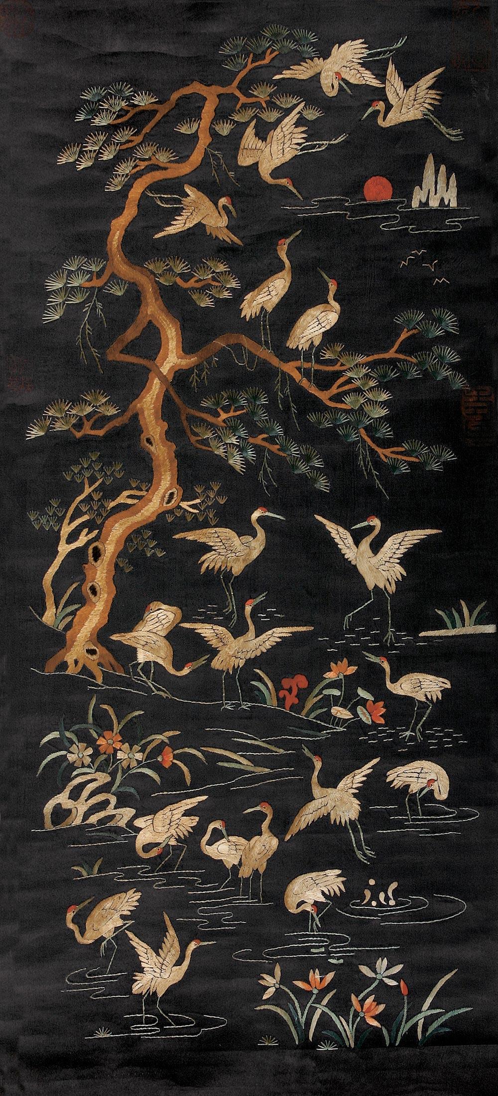 1129 现代 松鹤延年图绣片