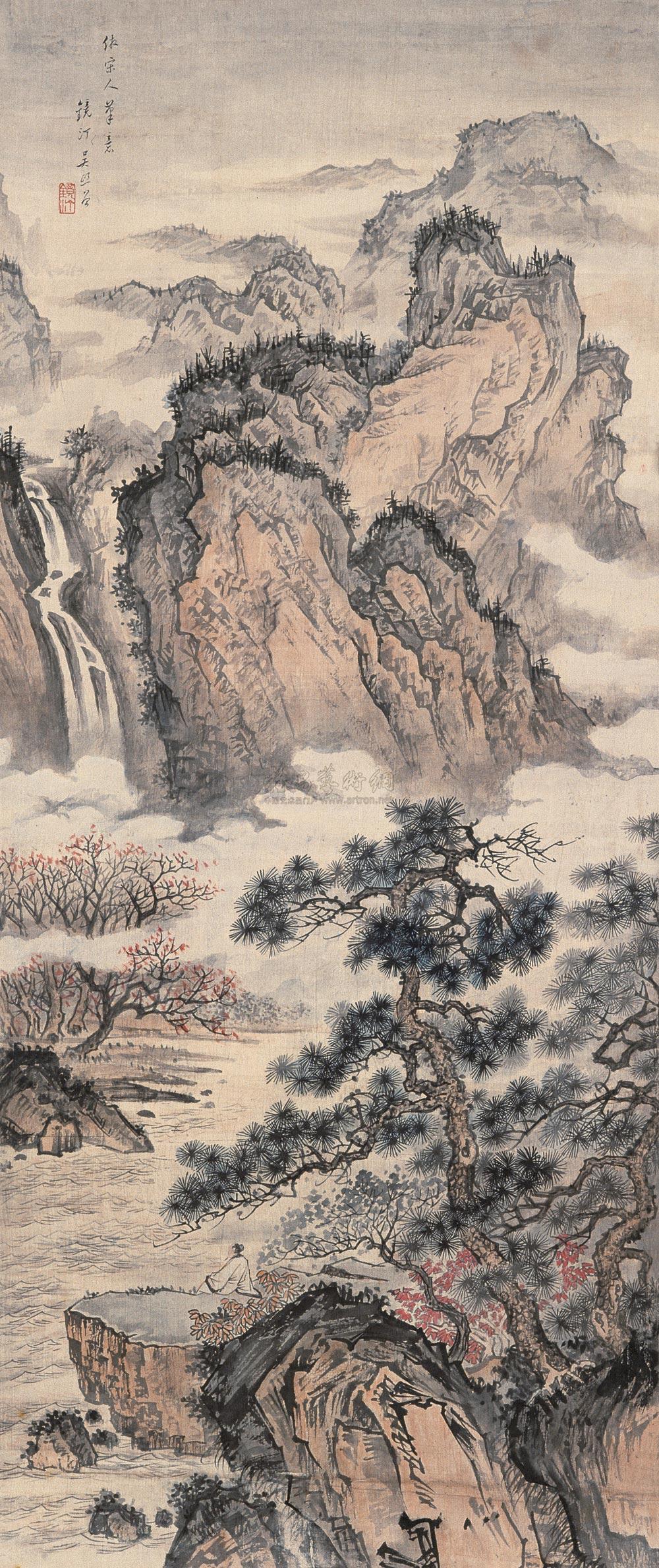 0453秋溪观瀑立轴设色绢本