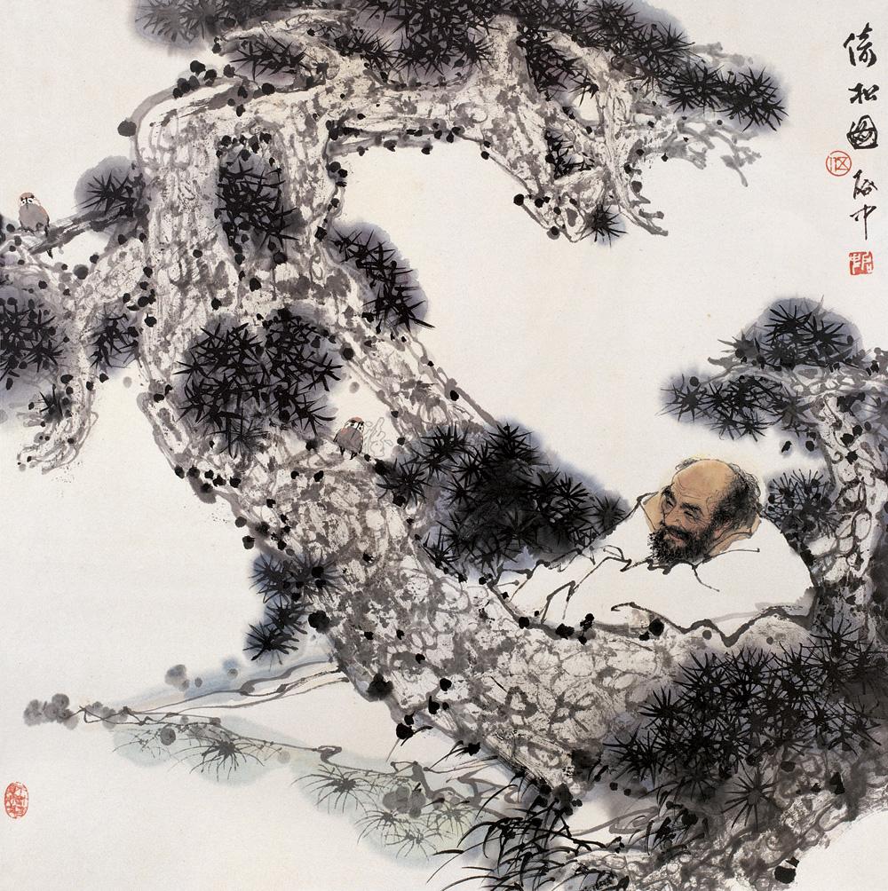 0170倚松图镜心设色纸本
