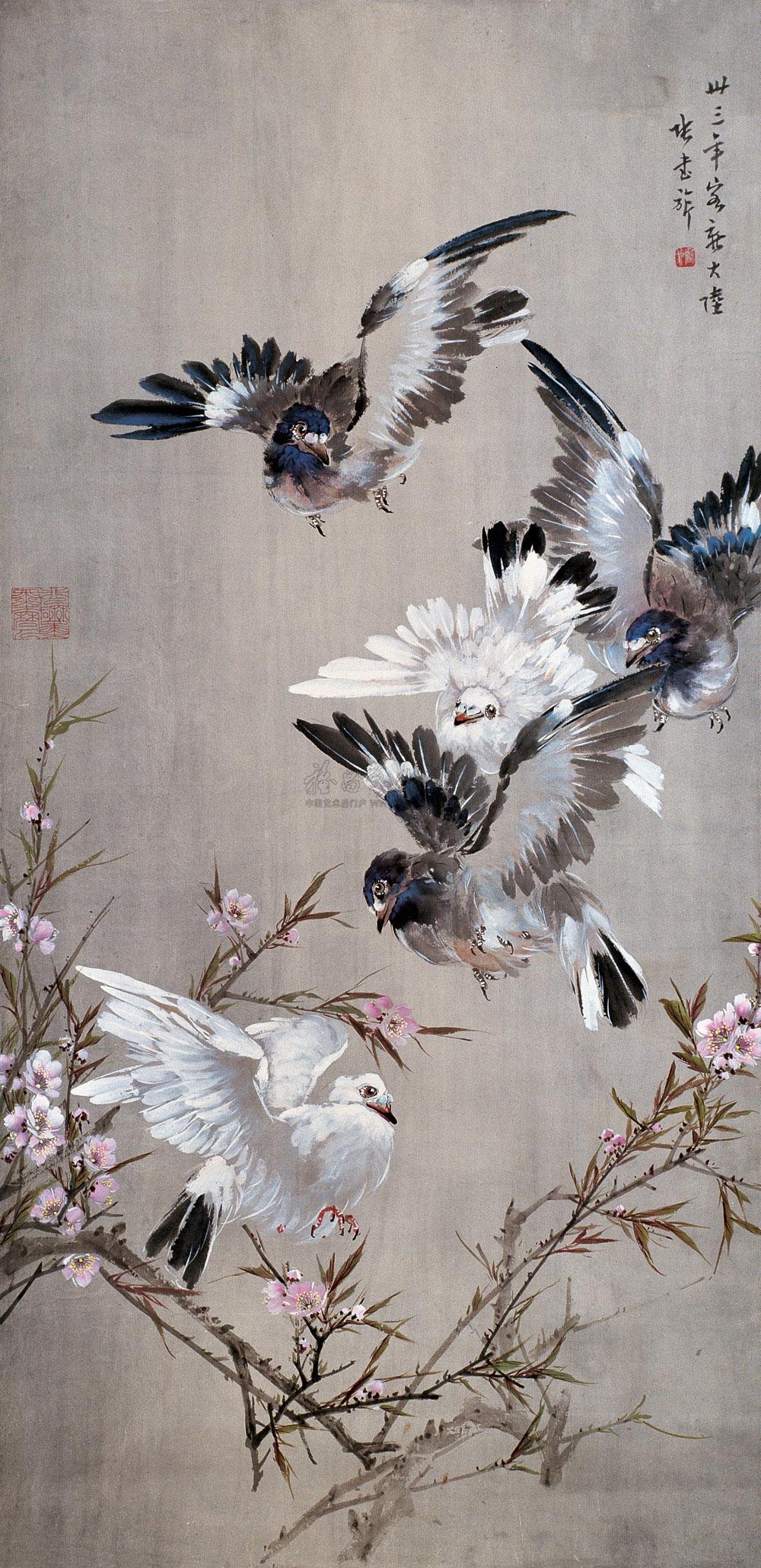 05931944年作桃花群鸽立轴设色纸本