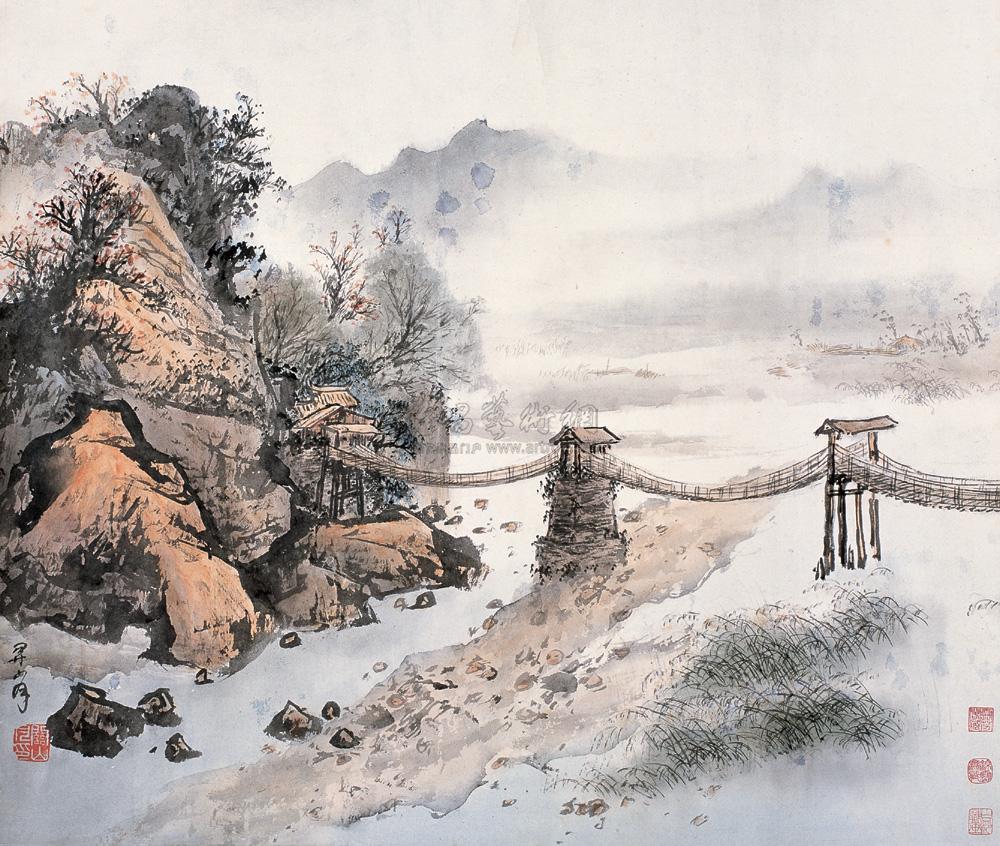 0352桥镜心设色纸本