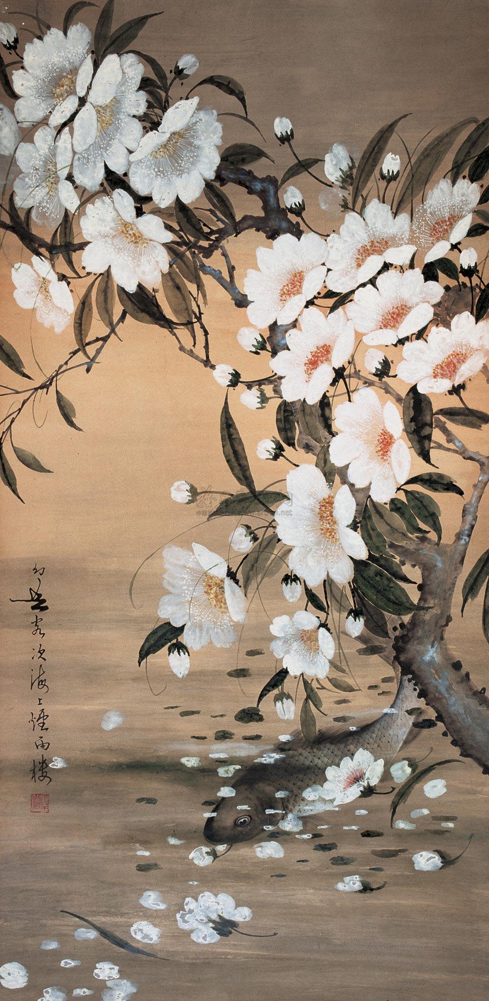 0205 落花游鱼图 立轴 设色纸本
