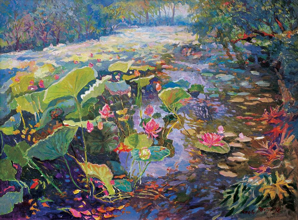0297莲花池塘布面油画