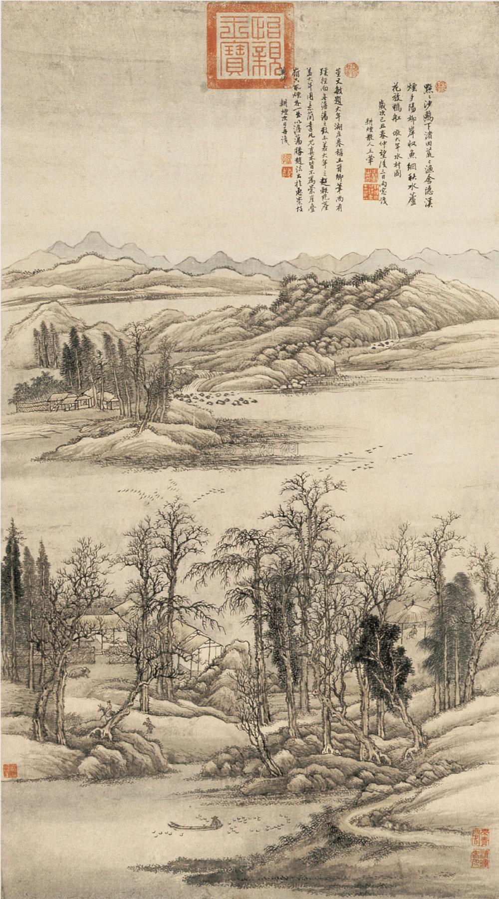 1085 1909年作 仿赵大年水村图 立轴 设色纸本