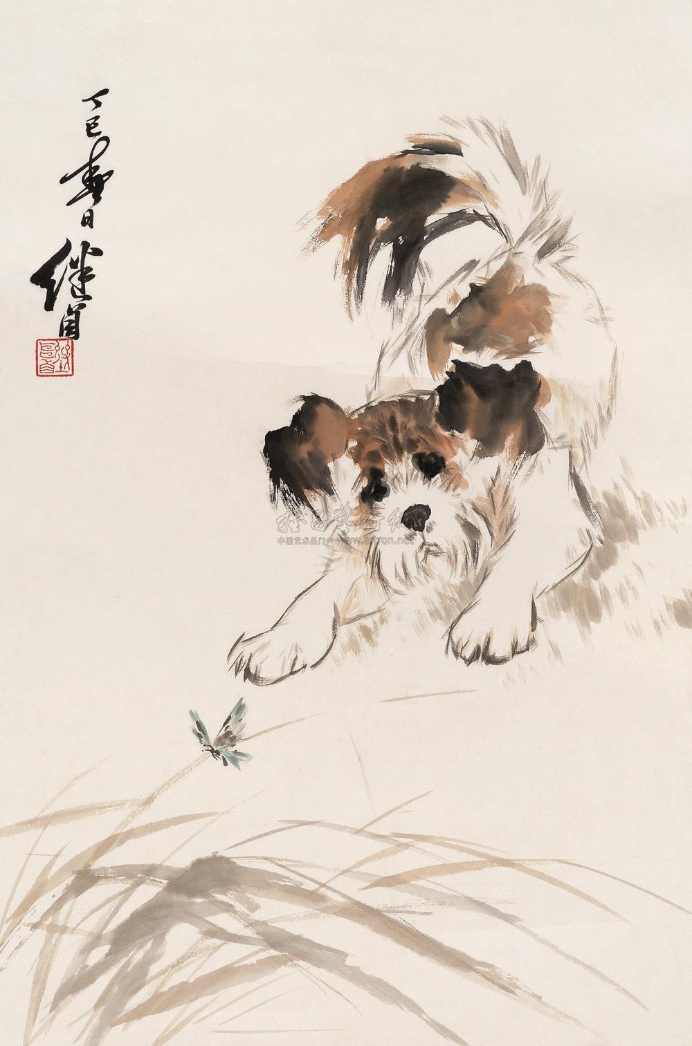 【1977年作 花狗 镜心 设色纸本】拍卖品_图片_价格_鉴赏_绘画_雅昌