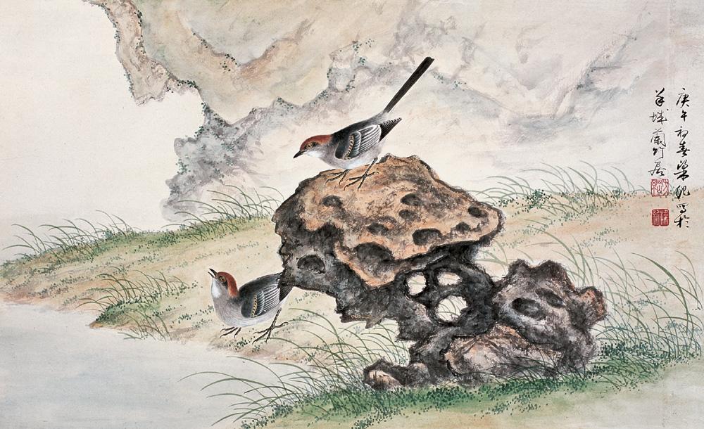 06071990年作寿石双鸟镜心设色纸本