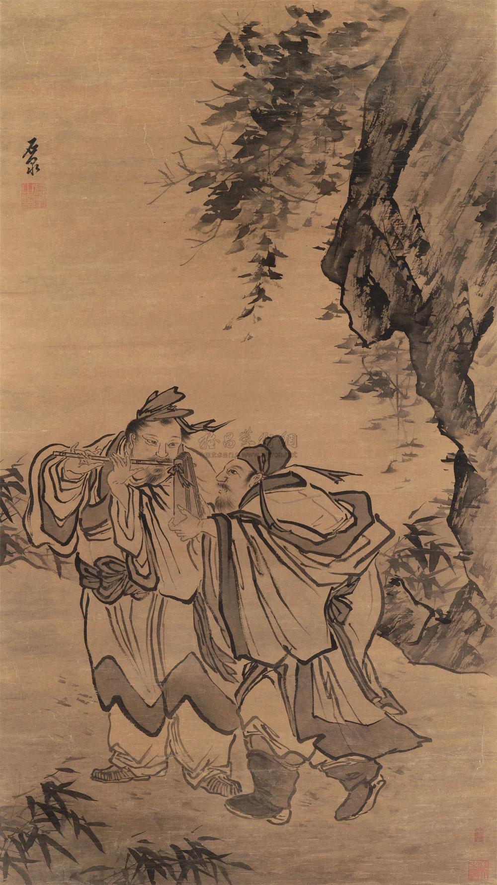 0719山路双仙立轴水墨绢本