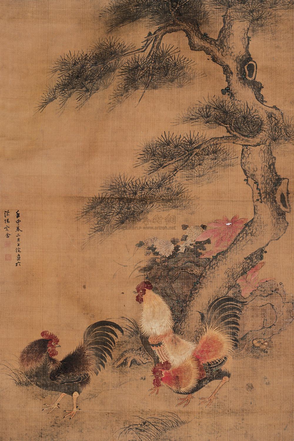 0083三公图立轴设色绢本