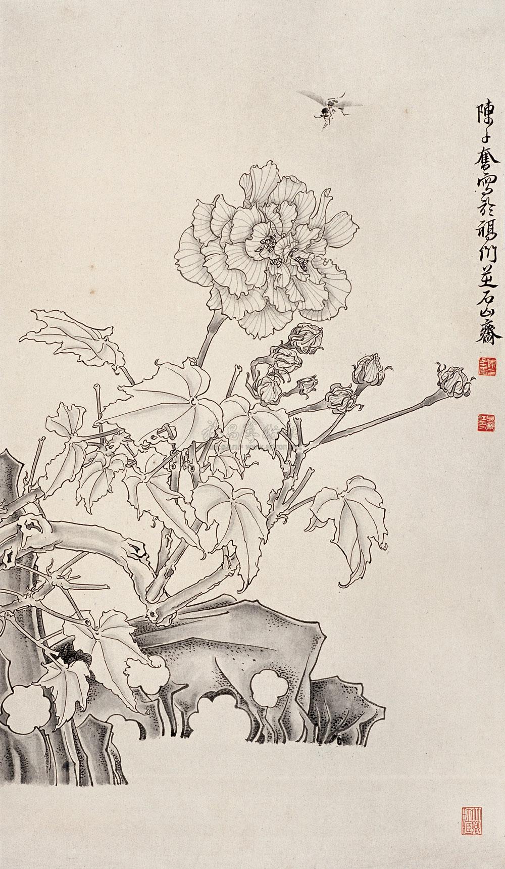 0065 白描花卉 立轴 水墨纸本