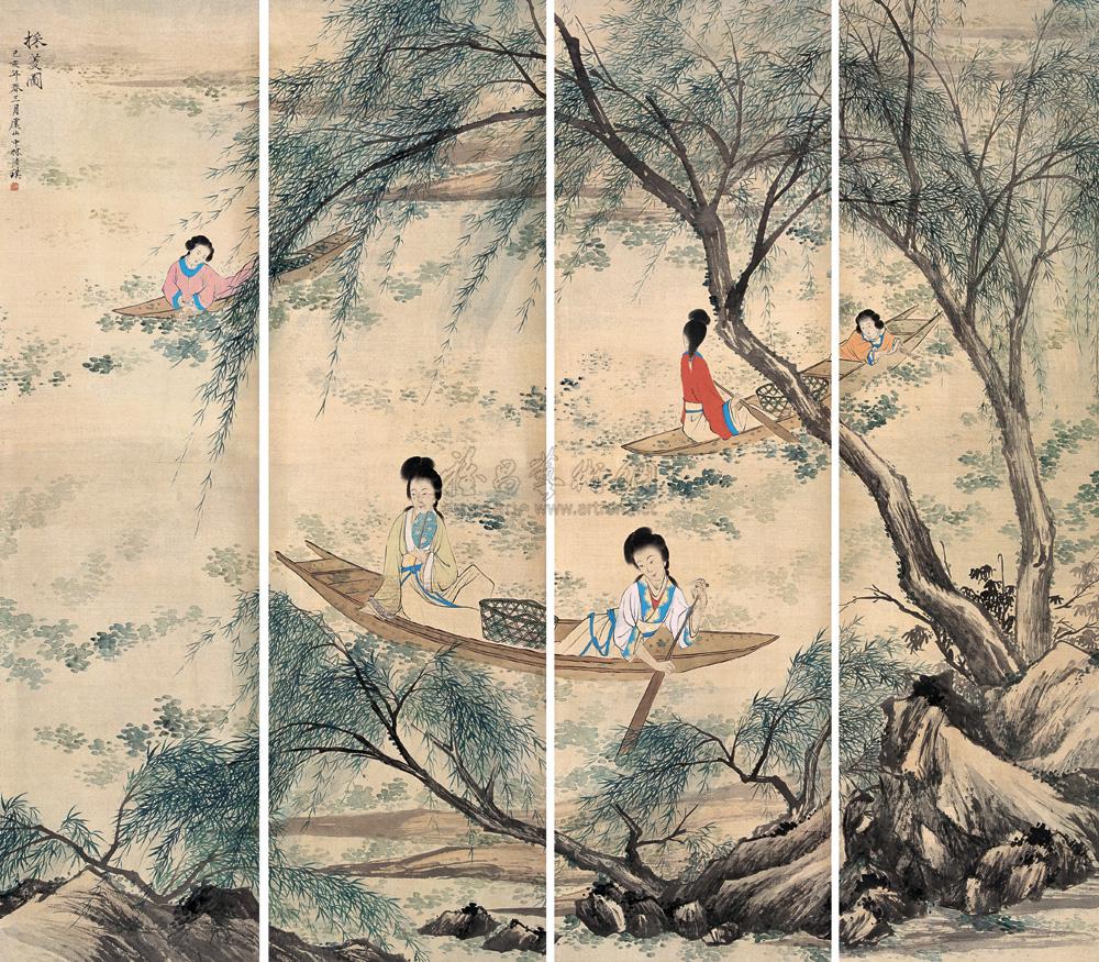 1270 采菱图 四屏 绢本