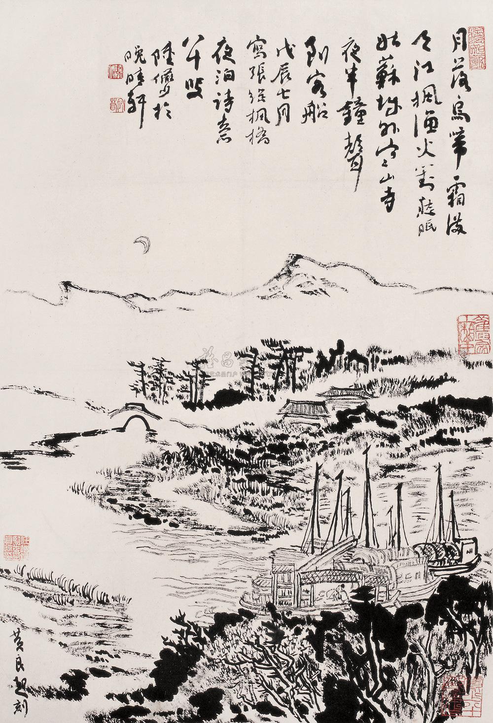 0934戊辰1988年作枫桥夜泊图立轴水墨纸本