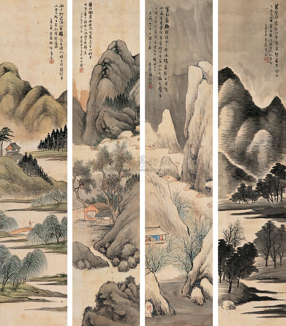 0487 己未(1919)年作 四景山水 立轴 设色绢本