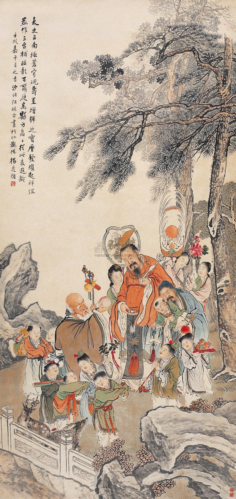 07061922年作三星献寿图立轴设色纸本