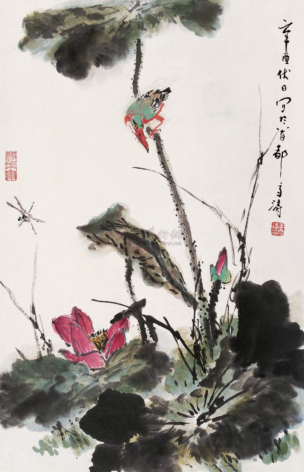 00321981年作荷花翠鸟立轴设色纸本