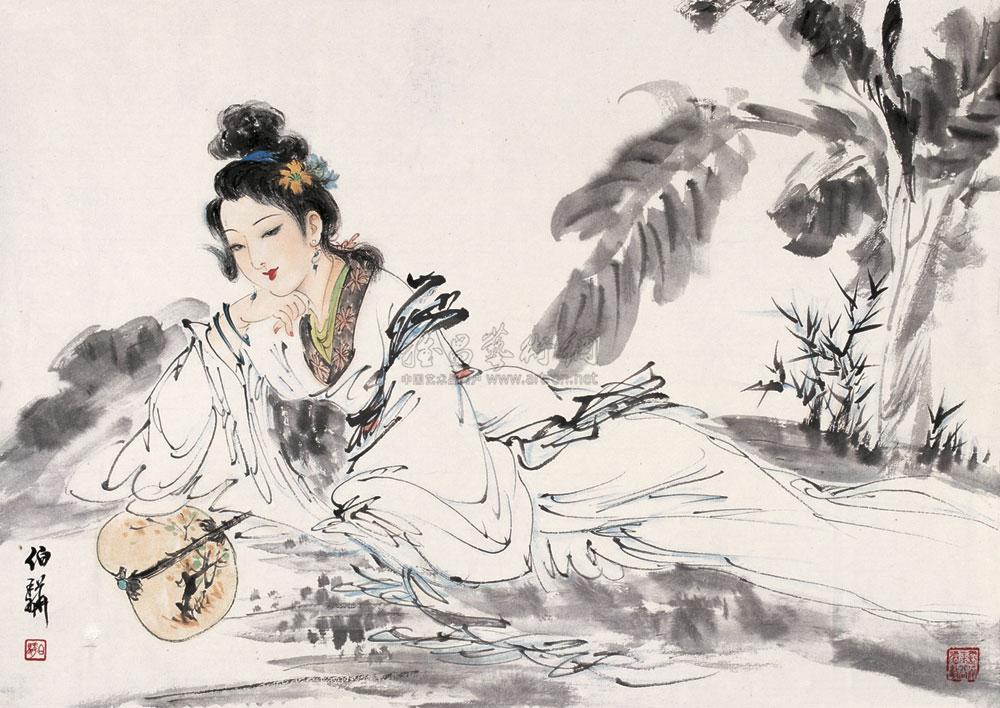 1554 持扇少女 镜心 设色纸本